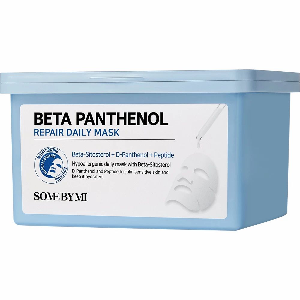 Hellblaue Box mit Deckel, gefüllt mit Masken. Auf der Box steht "Beta Panthenol Repair Daily Mask" und das Logo von SOME BY MI.