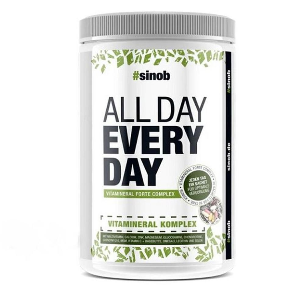 Weißer Behälter mit grünem Deckel. Aufschrift: #sinob, ALL DAY EVERY DAY, Vitamineral Forte Complex. Grün-weiße Blätter-Dekoration.