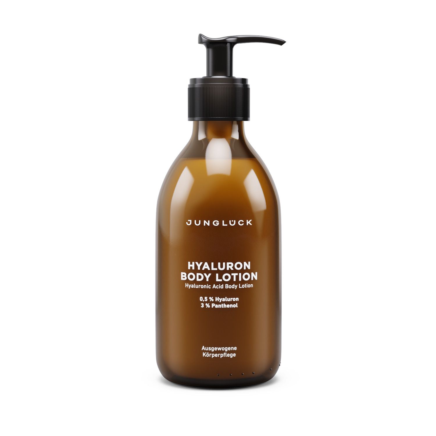 Braune Flasche mit schwarzem Pumpkopf. Aufschrift: JUNGLÜCK, HYALURON BODY LOTION, 0,5% Hyaluron, 3% Panthenol. Ausgewogene Körperpflege.