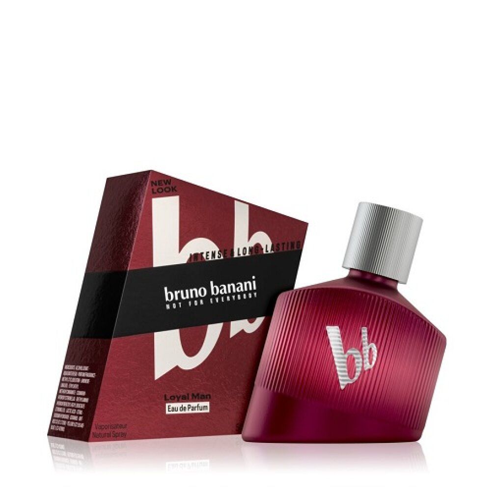 Roter Flakon und Verpackung. Logo 'Bruno Banani' und 'Loyal Man'.