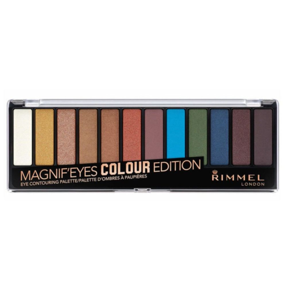Lidschatten-Palette mit 12 Farben. Schwarze Verpackung mit Produktnamen und Markennamen. Verschiedene Farbtöne.