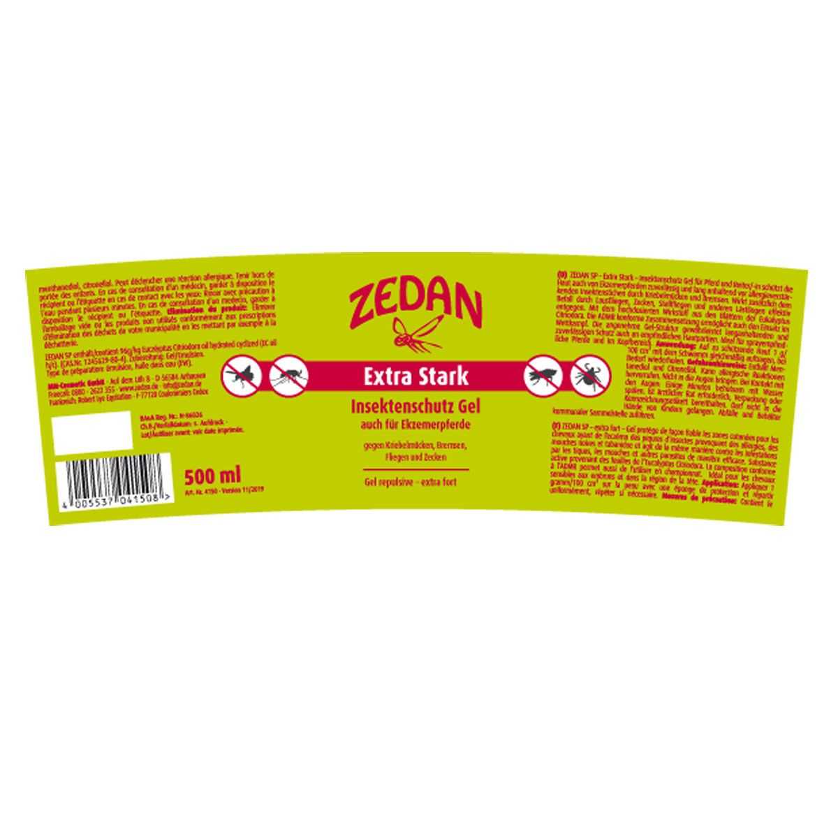 Etikett des ZEDAN Extra Stark Insektenschutz Gels mit Produktinformationen und einem 500 ml Hinweis.