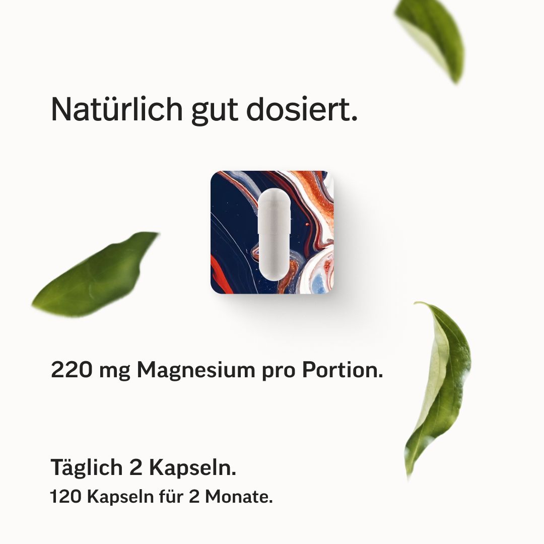 Eine Kapsel in einer Verpackung. 220 mg Magnesium pro Portion. Täglich 2 Kapseln für 2 Monate.