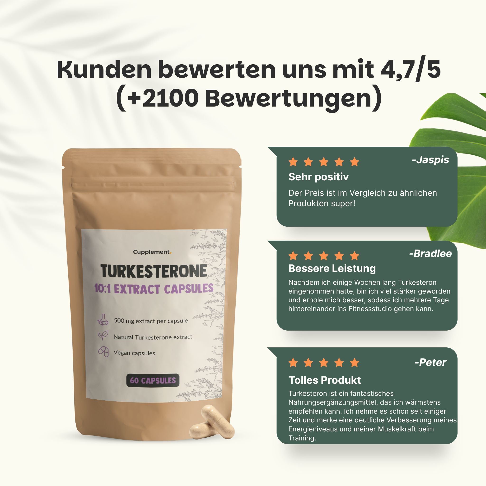 Kunden bewerten uns mit 4,7/5. Beutel mit Kapseln. Aufschrift: Turkesterone 10:1 Extract Capsules. 60 Kapseln. Kundenbewertungen.