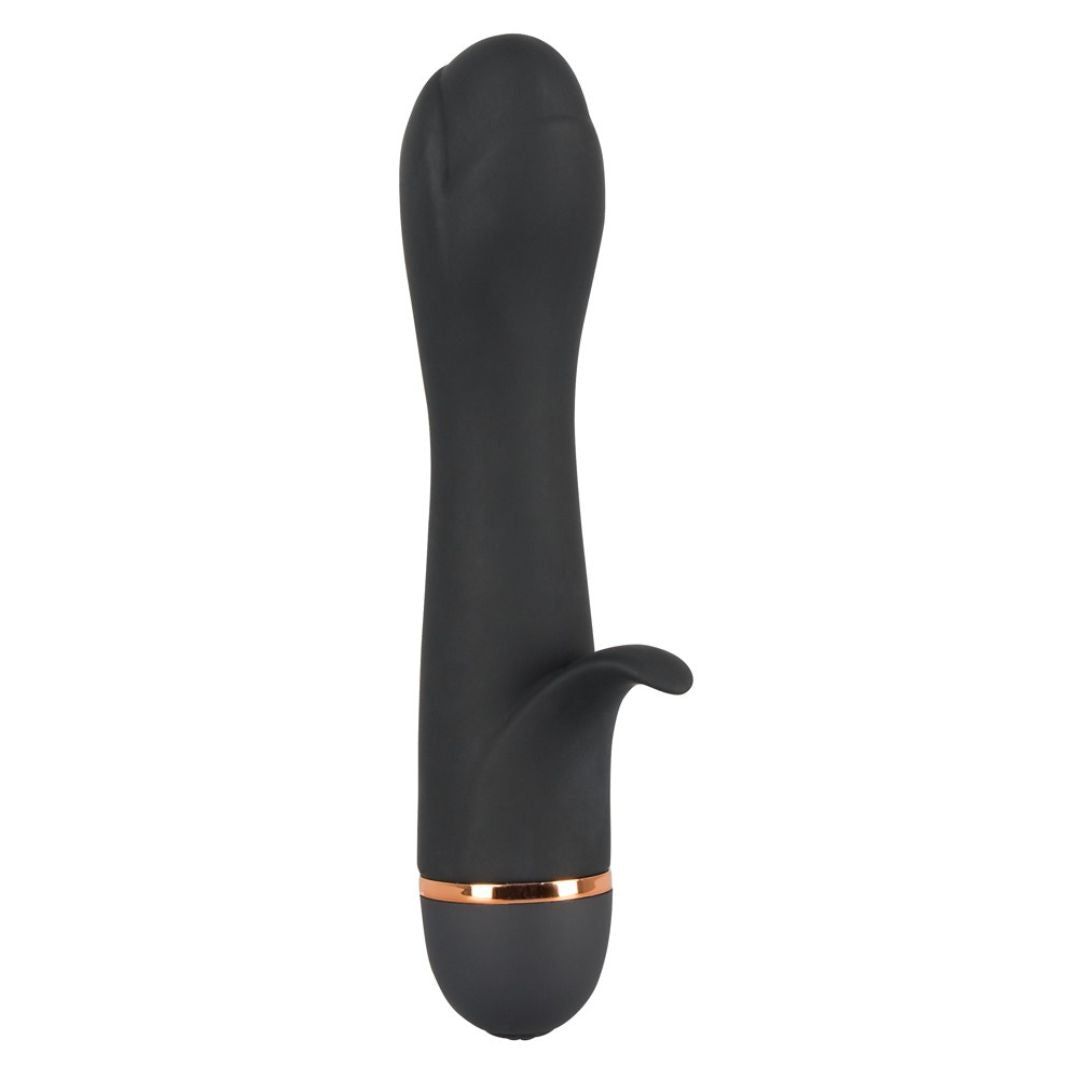 Schwarzer Vibrator mit tulpenförmigem Kopf und Blatt-Klitorisreizer. Goldfarbener Ring am unteren Ende.