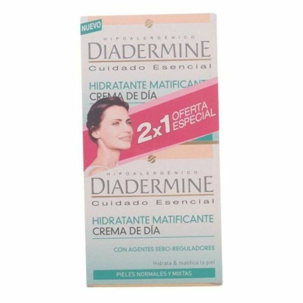 Diadermine Tagescreme-Packung. Text: '2x1 Oferta Especial'. Produktname und Logo sichtbar. Verpackung mit Frauengesicht.