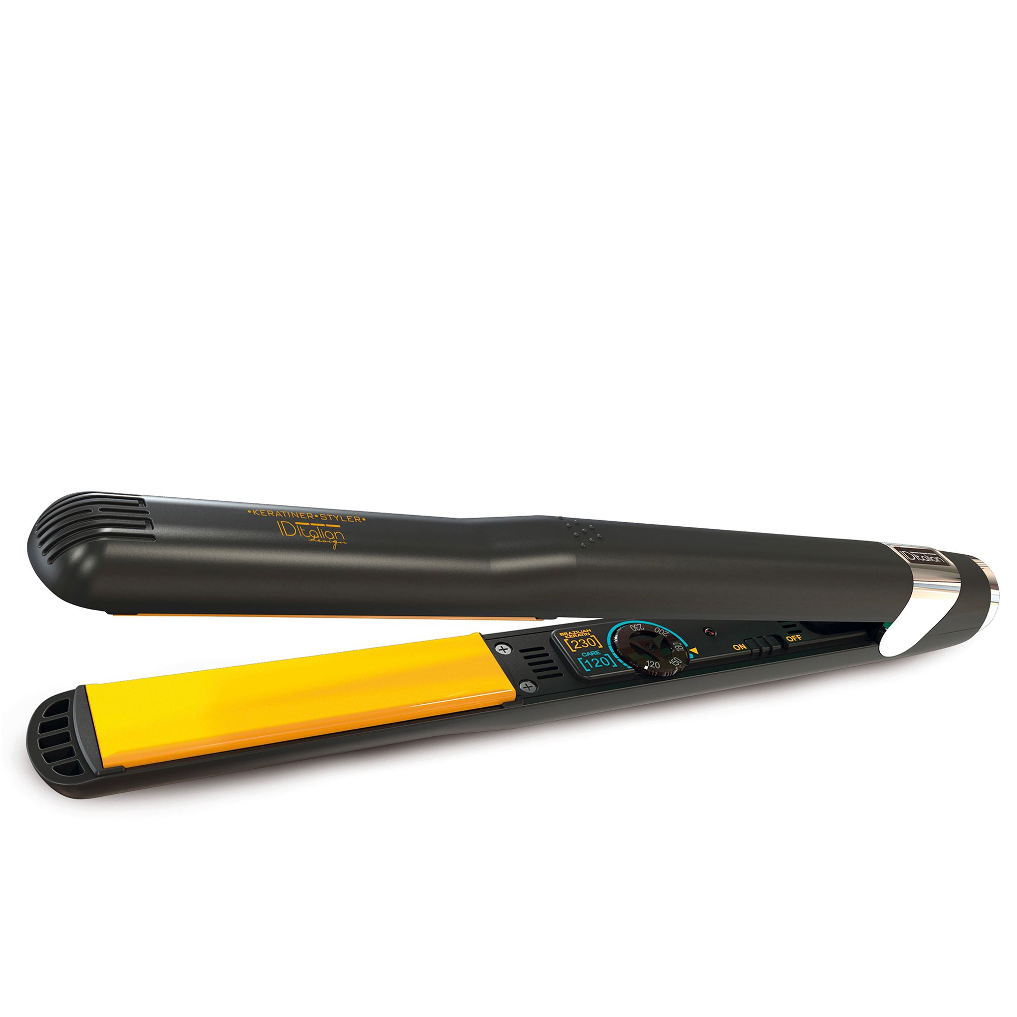 Schwarzer Glätteisen mit gelben Keramikplatten und digitaler Temperaturanzeige.
