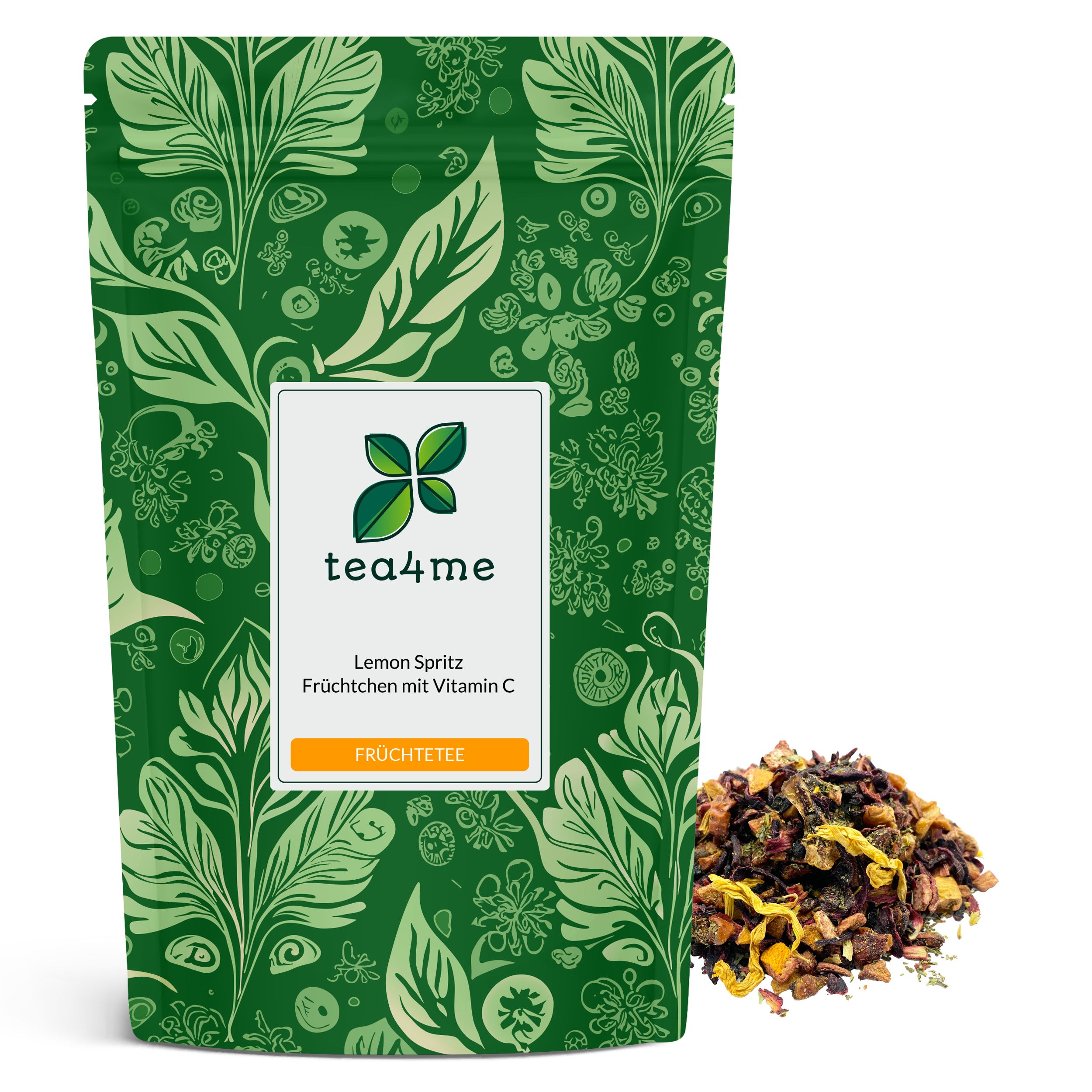 Grüner Beutel mit floralem Muster. Aufschrift: tea4me, Lemon Spritz Früchtchen mit Vitamin C. Daneben loser Früchtetee.