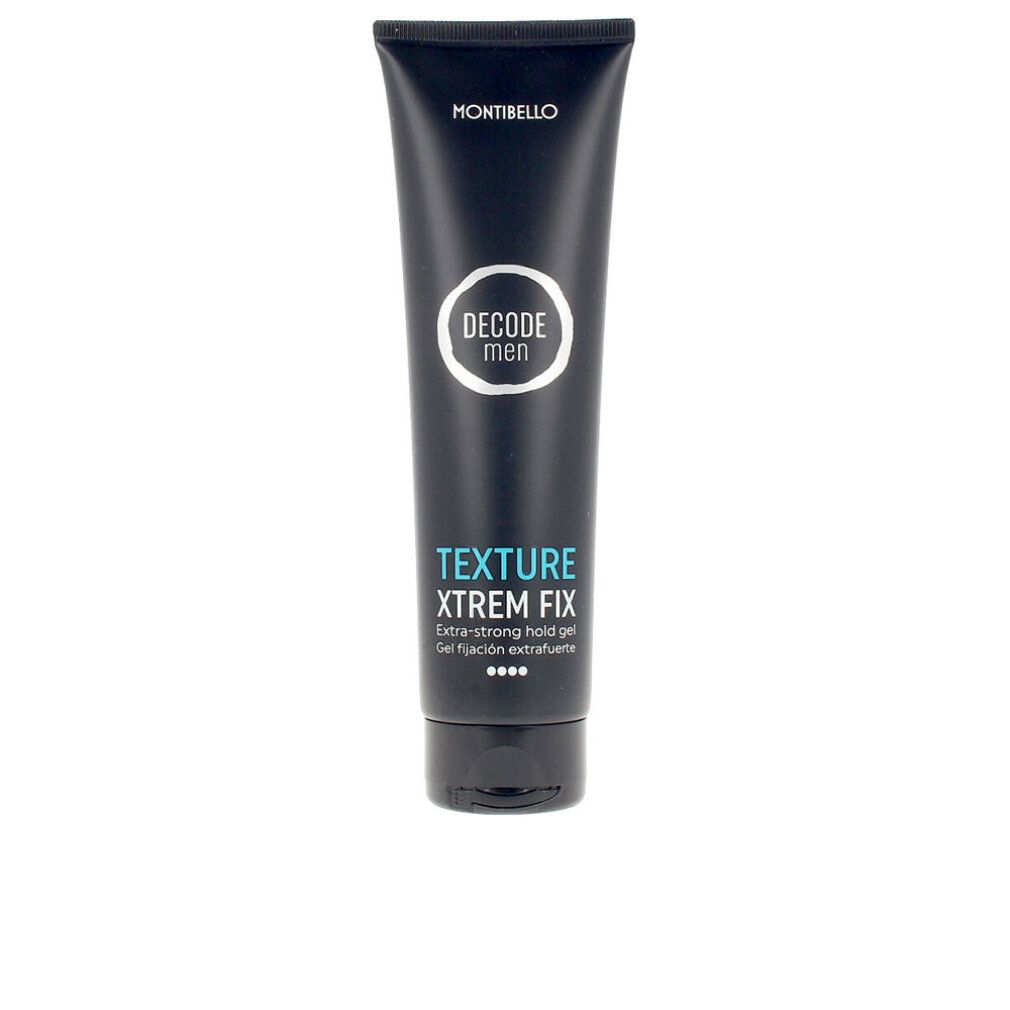 Schwarze Tube mit weißem und blauem Text. Oben steht MONTIBELLO. In einem Kreis steht DECODE MEN. Darunter TEXTURE XTREM FIX.
