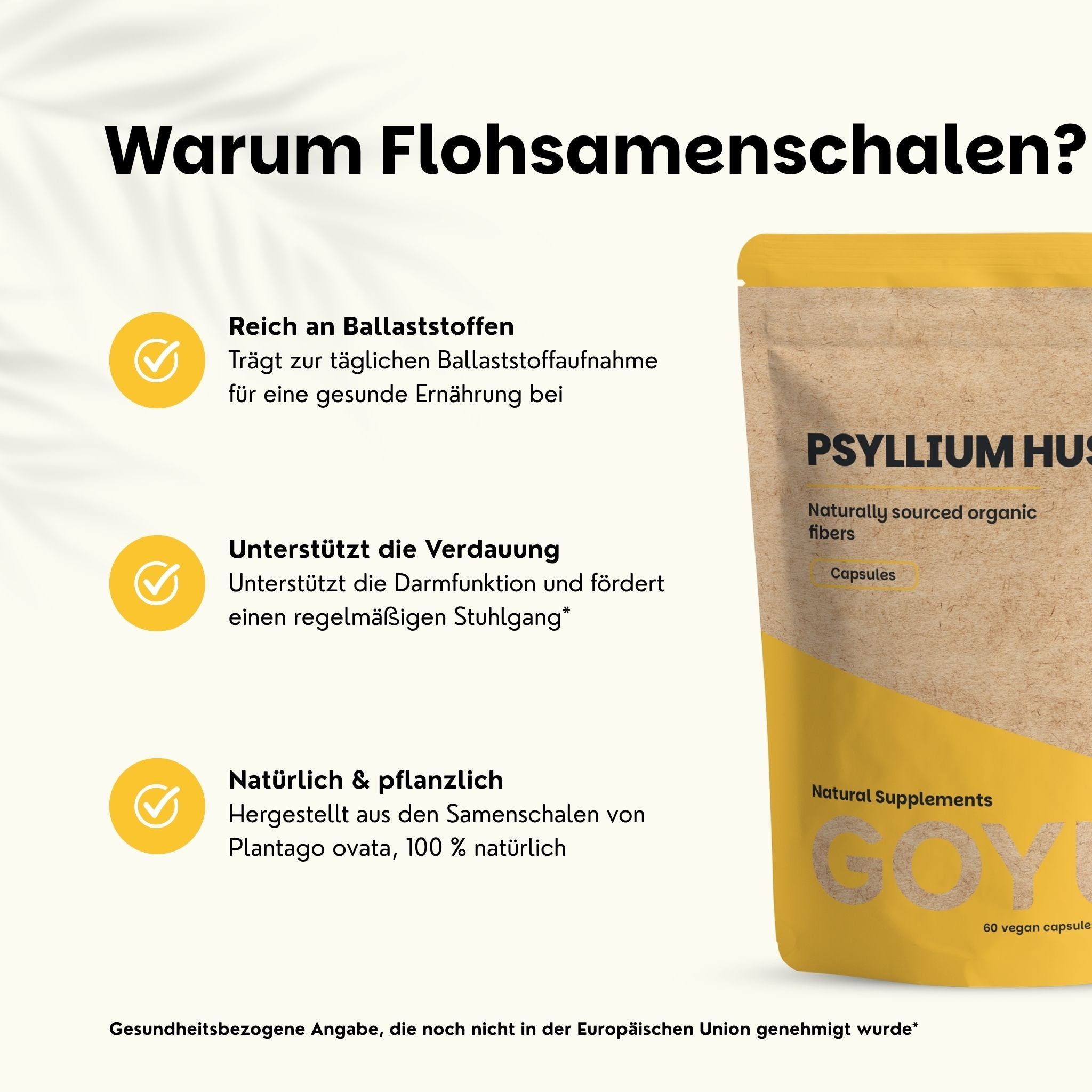 Eine Psyllium Husk Kapsel, geöffnet, zeigt Pulver. 100% natürlich, keine Füllstoffe, vegan.