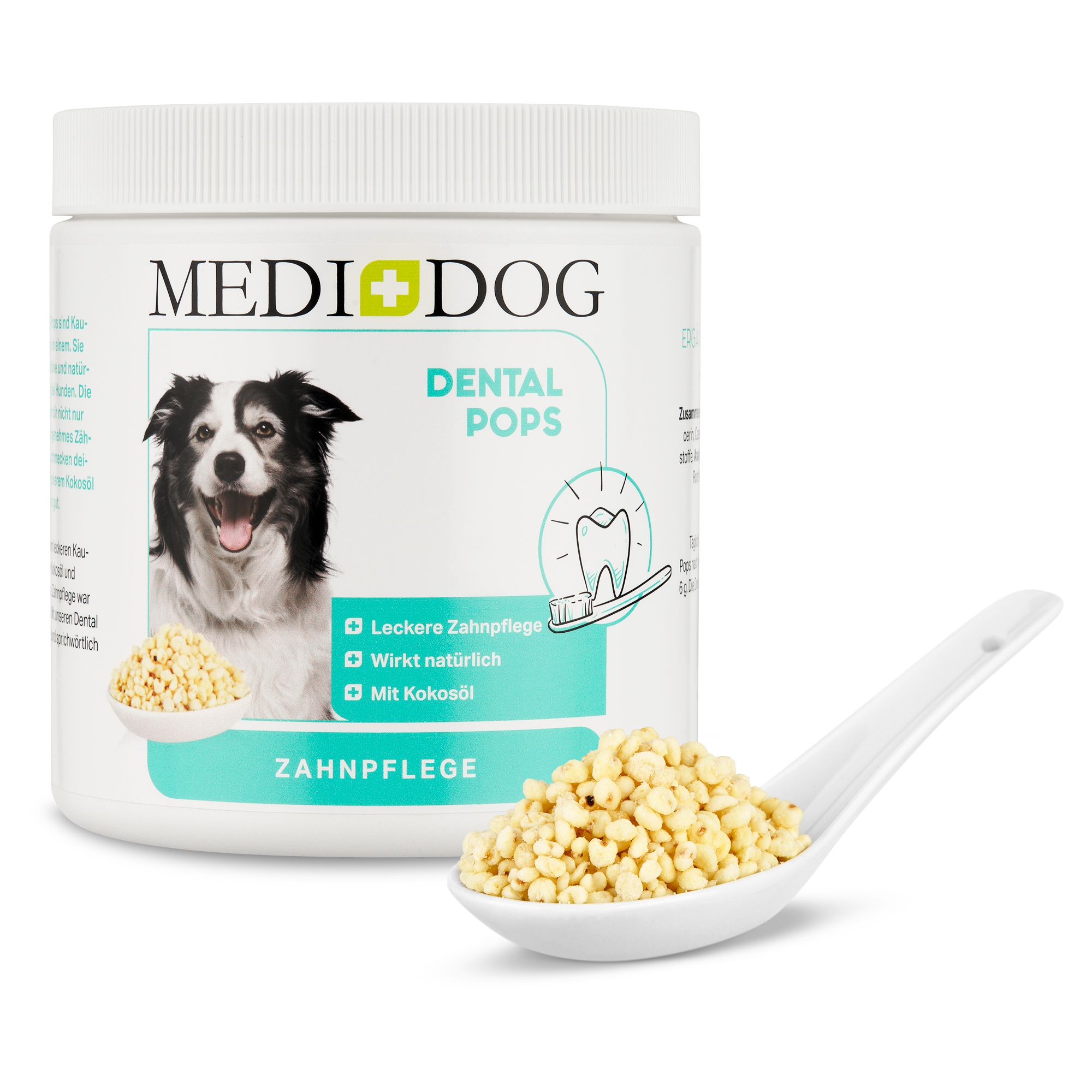 Weiße Dose MEDIDOG DENTAL POPS, daneben Löffel mit Produkt. Text: Leckere Zahnpflege, wirkt natürlich, mit Kokosöl.
