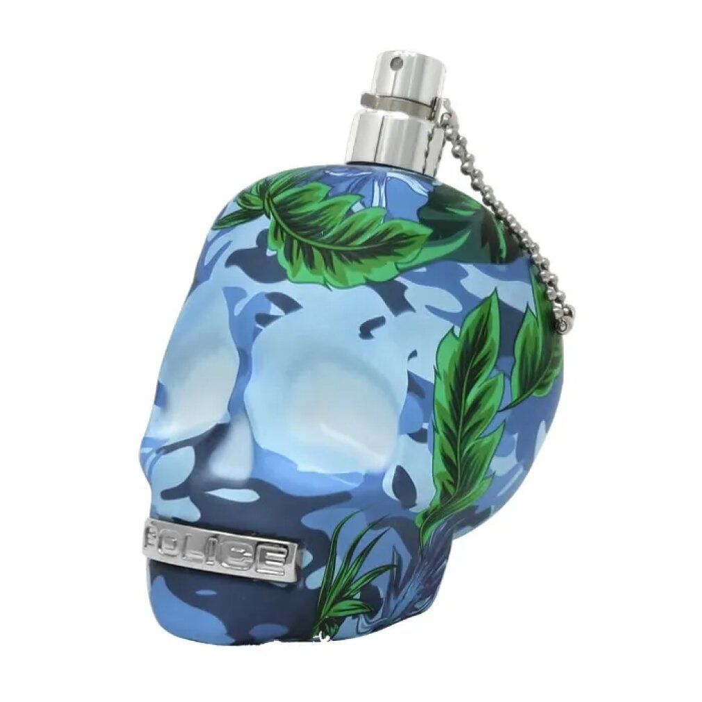 Flasche Police To Be Exotic Jungle Man Eau De Toilette Spray in Totenkopf-Form, blau-getarnt mit grünen Blättern.