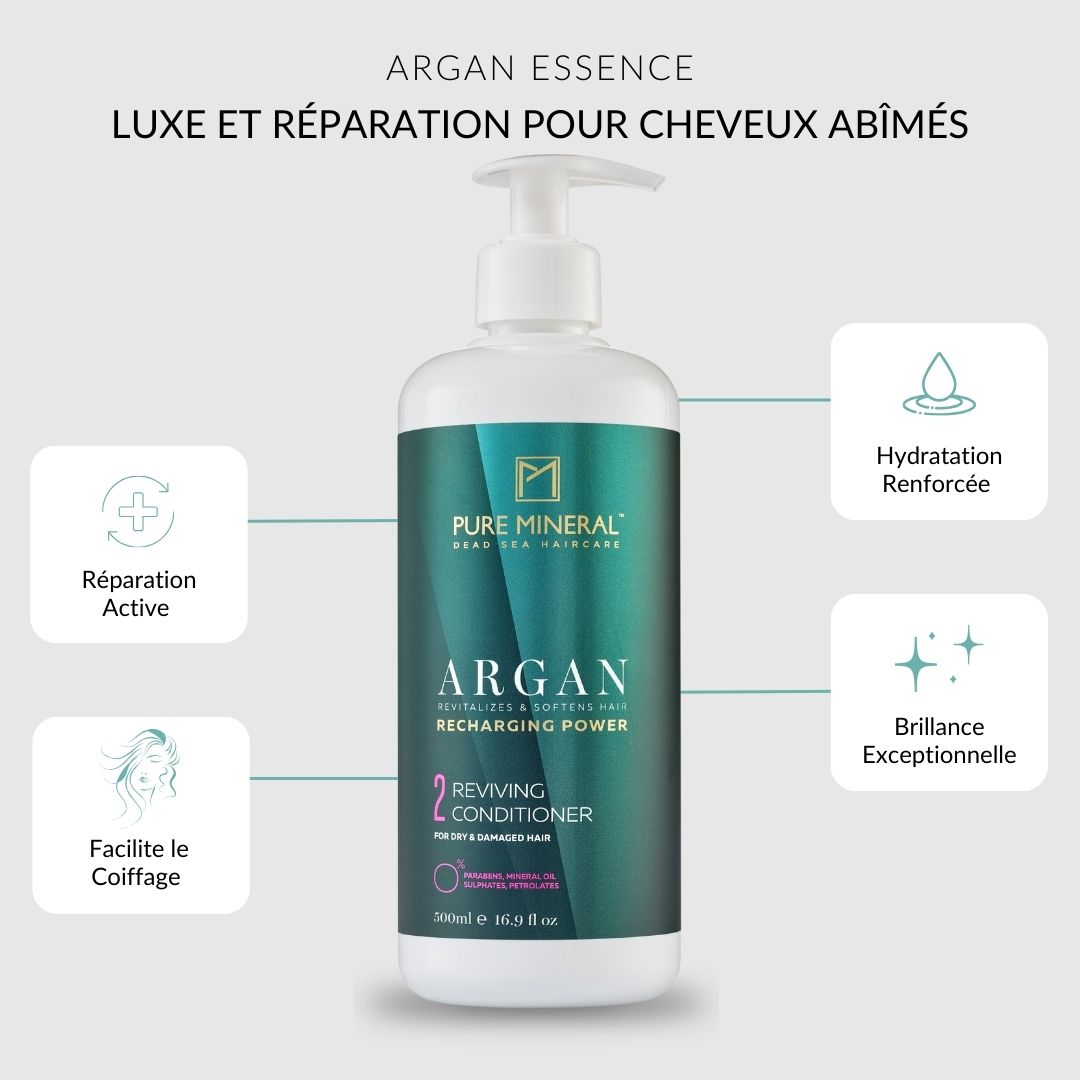 Flacon de produit avec texte et icônes. Texte : Argan Essence, Luxe et réparation pour cheveux abîmés. Icônes : Hydratation, Brillance.