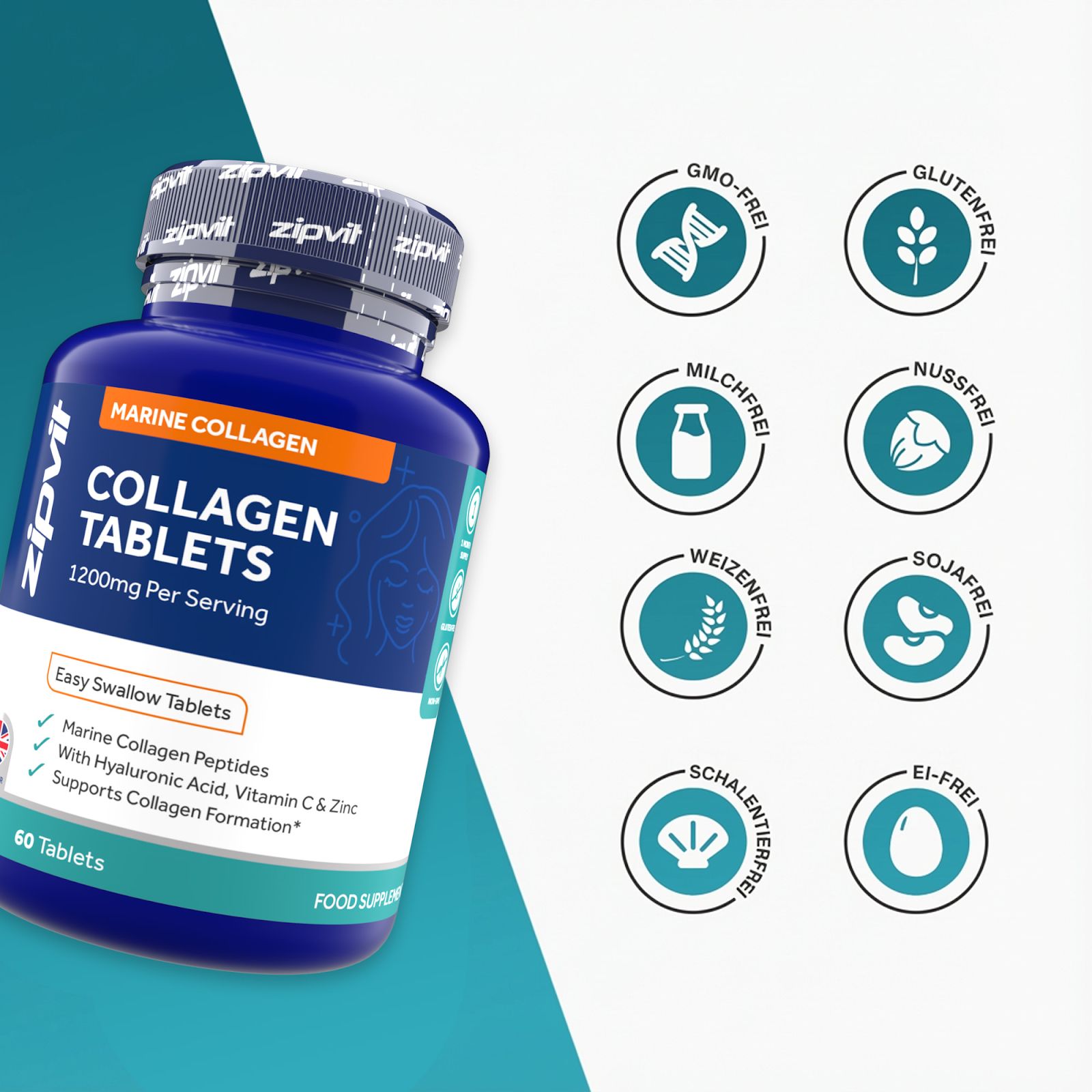 Zipvit Marine Collagen High Strength 1200mg - mit Hyaluronsäure & Zink