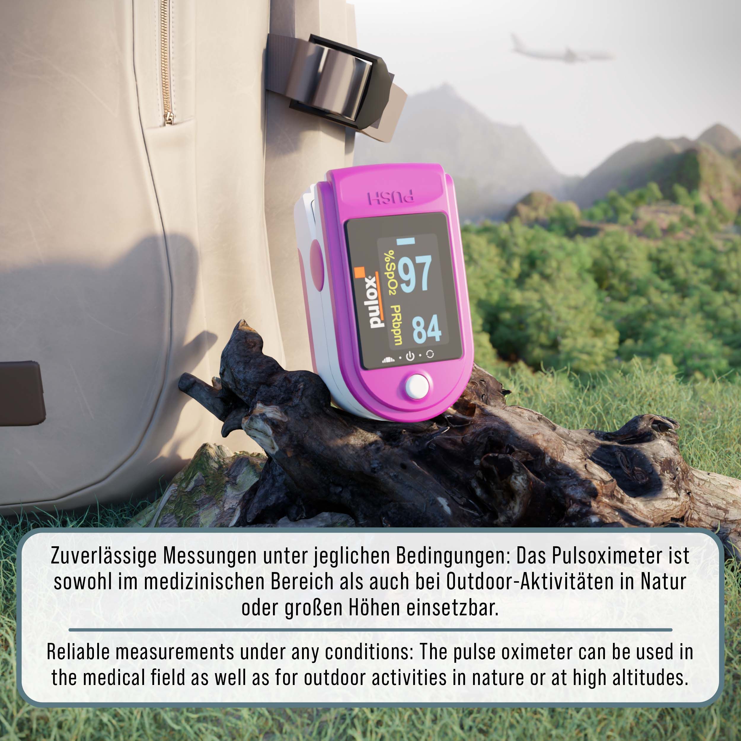 Pinkes Pulsoximeter auf einem Baumstamm. Zeigt Sauerstoffsättigung und Pulsfrequenz. In natürlicher Umgebung.