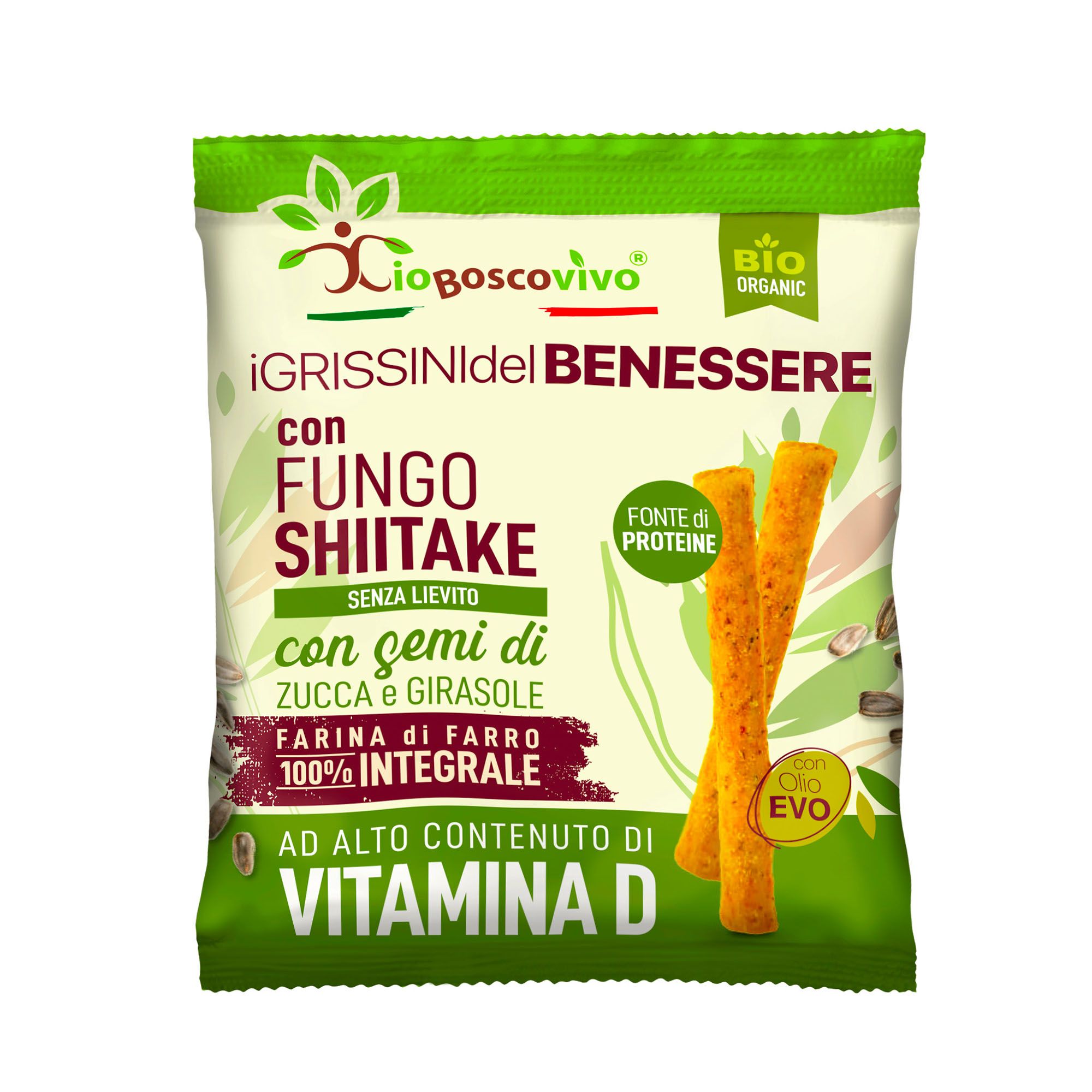 IoBoscoVivo Bio-Grissini Samen & Shiitake, hefefrei, nur mit Vollkorndinkel & Olivenöl