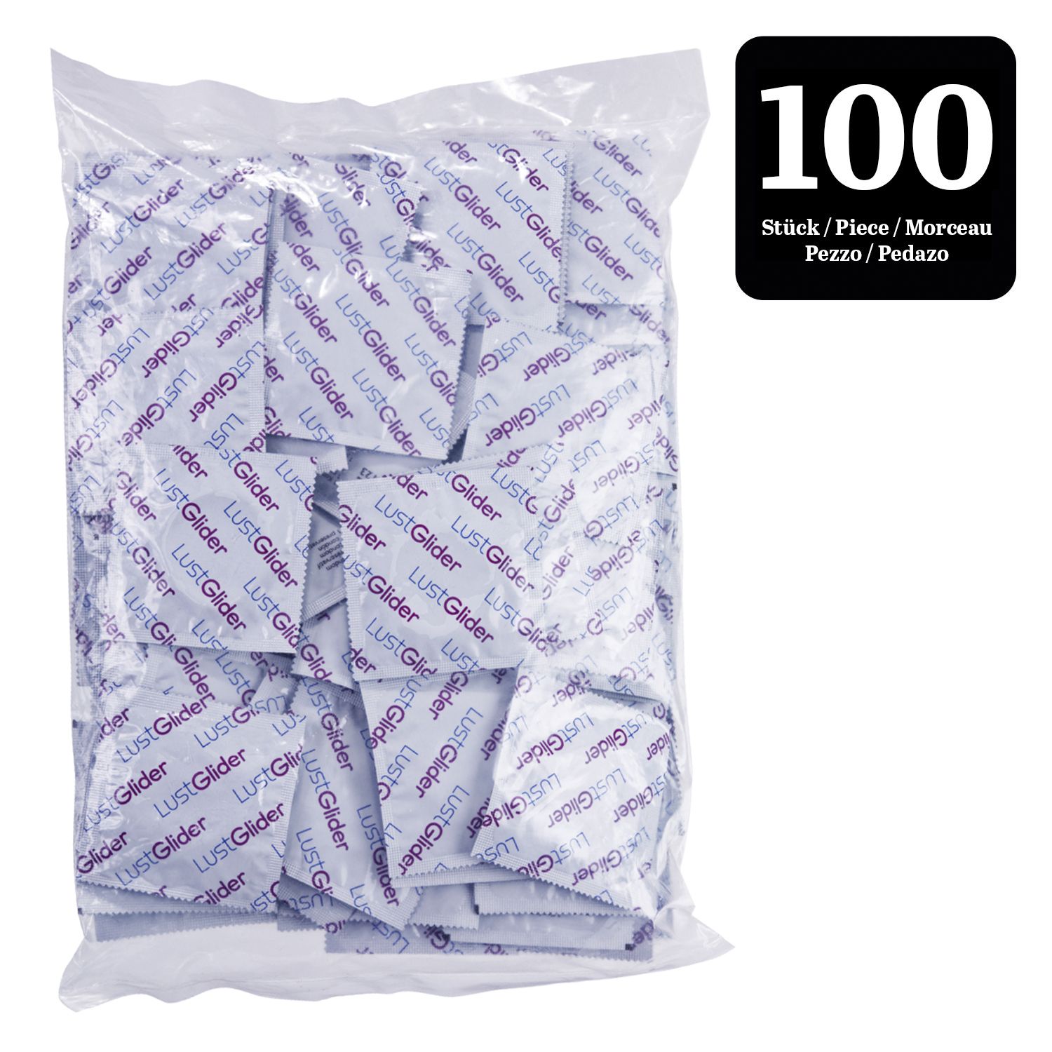 Großpackung mit 100 einzeln verpackten Gleitmittel-Tupfern.