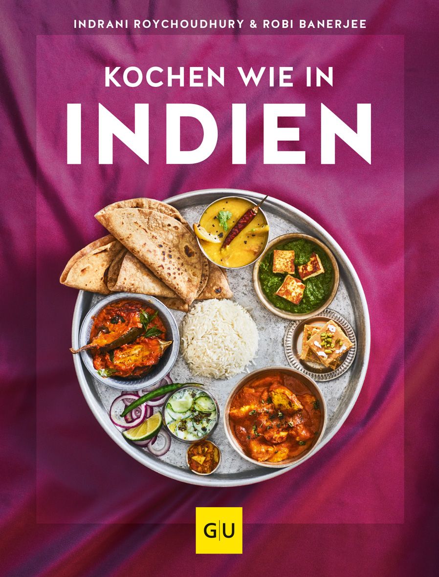 Buchcover mit dem Titel "Kochen wie in Indien". Oben stehen die Autorennamen. Auf einem Tablett indische Gerichte.