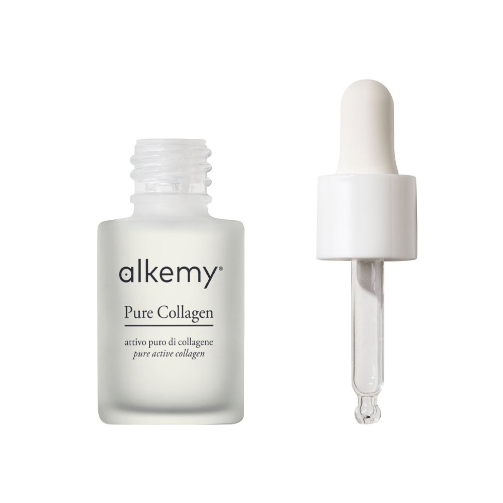 Ein Fläschchen Alkemy Pure Collagen Serum und eine Pipette nebeneinander.