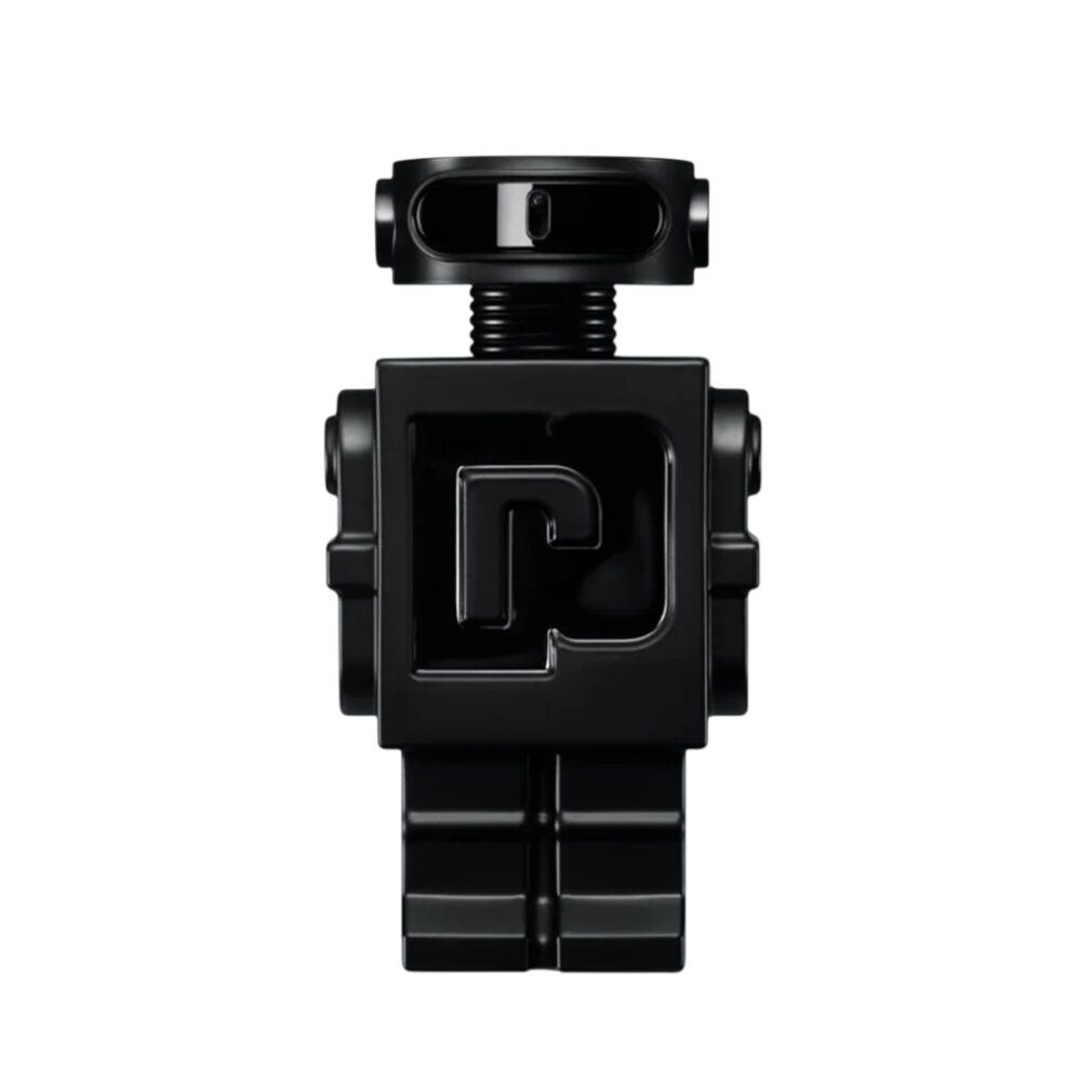 Schwarzer Flakon in Roboterform. Das Logo "P" ist auf der Brust zu sehen. Der Flakon hat einen schwarzen Deckel.