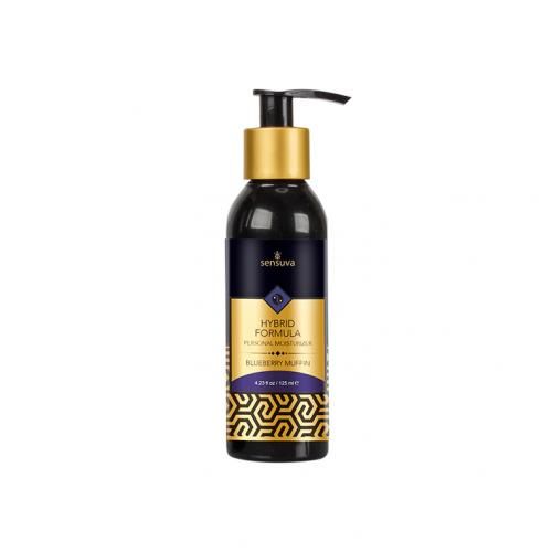 Schwarze Flasche mit goldenem Pumpkopf. Aufschrift: Hybrid Formula, Blueberry Muffin. Marke: Sensuva.