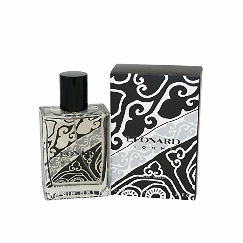 Flakon und Verpackung von Leonard Homme Eau de Toilette. Schwarzes und graues Muster. Schwarzer Verschluss. Aufschrift: Eau de Toilette.