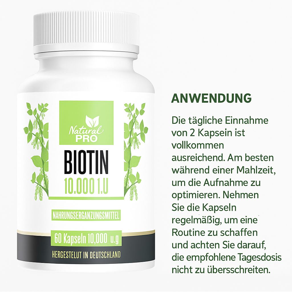 Weiße Flasche mit grünem Etikett. Aufschrift: Natural Pro Biotin 10.000 I.U. Text über Anwendung. 60 Kapseln. Hergestellt in Deutschland.