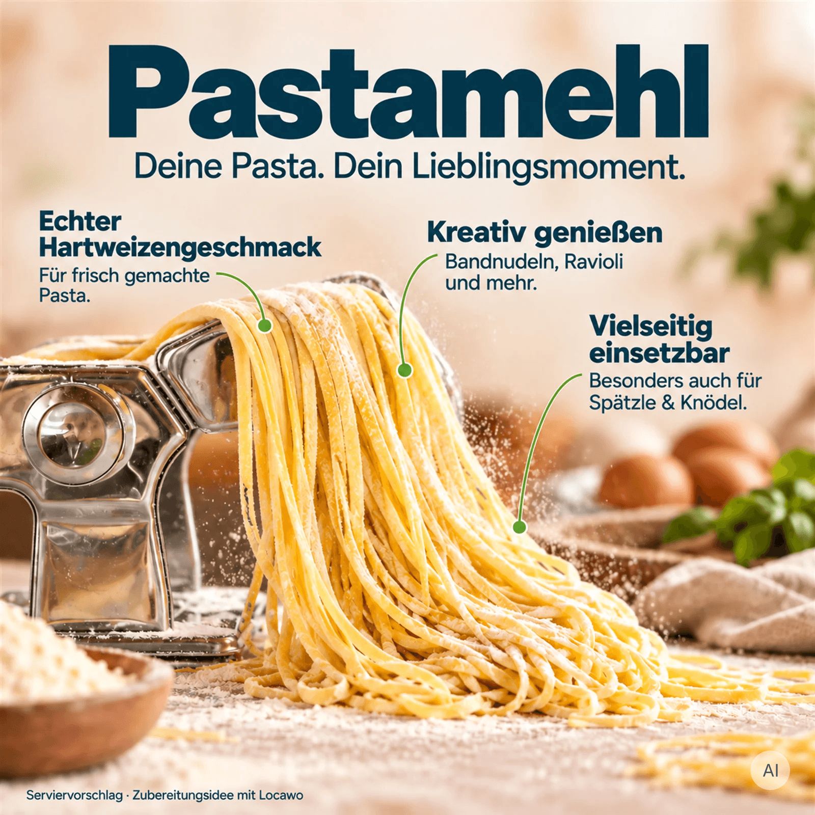 Nudeln werden aus einem Nudelhersteller auf einem Holztisch hergestellt.