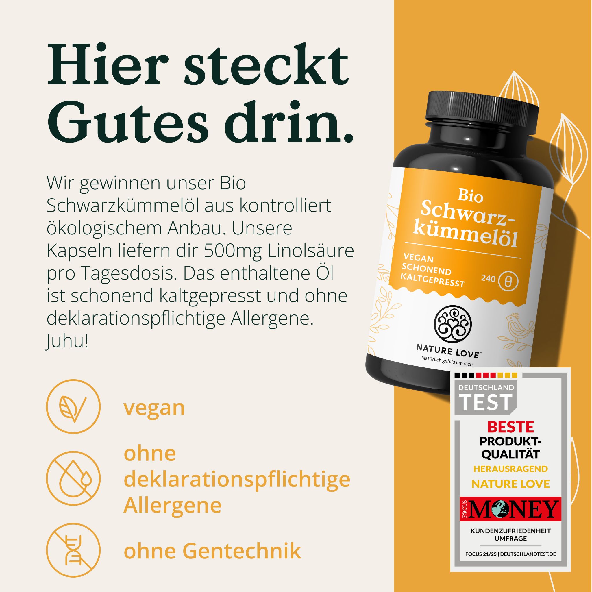 Flasche Bio-Schwarzkümmelöl. Vegan, schonend kaltgepresst. Enthält 500mg Linolsäure pro Tagesdosis. Siegel: "Deutschland Test".