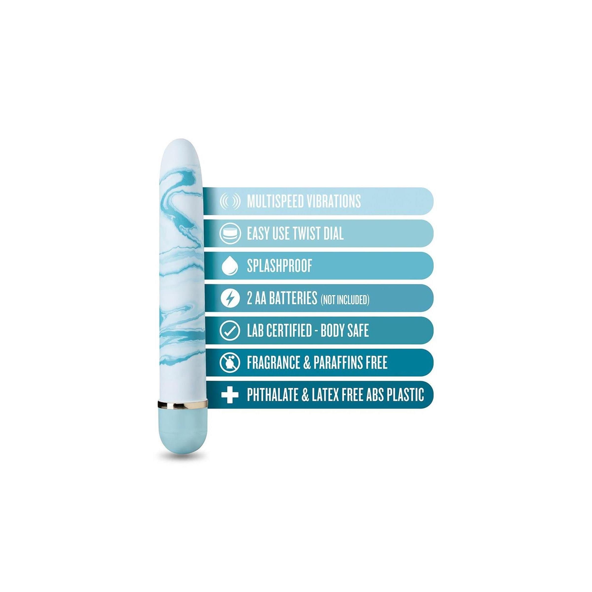 Wellness-Produkt mit blau-weißem Marmormuster. Merkmale: Mehrfachvibrationen, Drehregler, spritzwassergeschützt, 2 AA-Batterien.