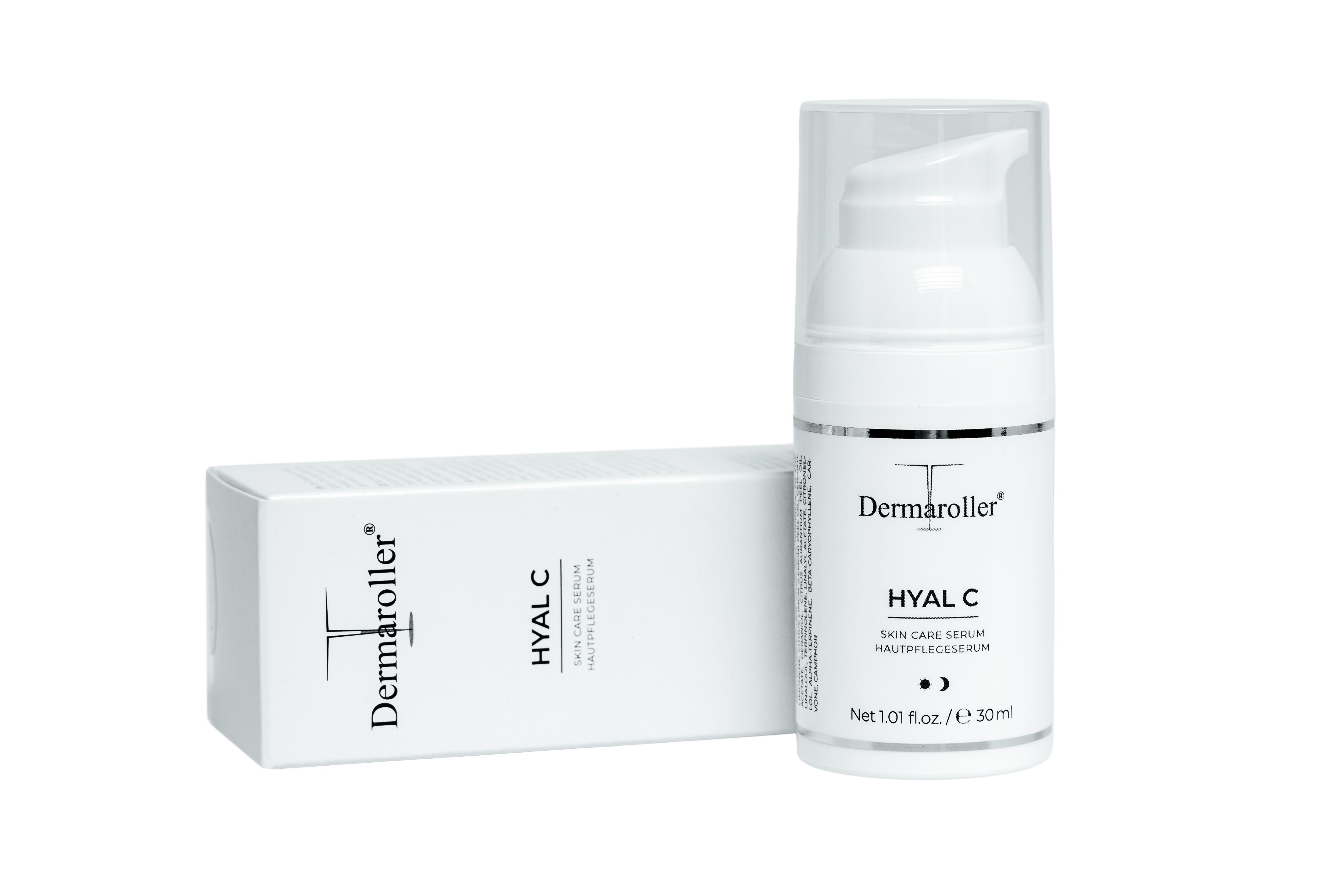 Dermaroller Hyal C Serum Flasche neben einer Faltschachtel.