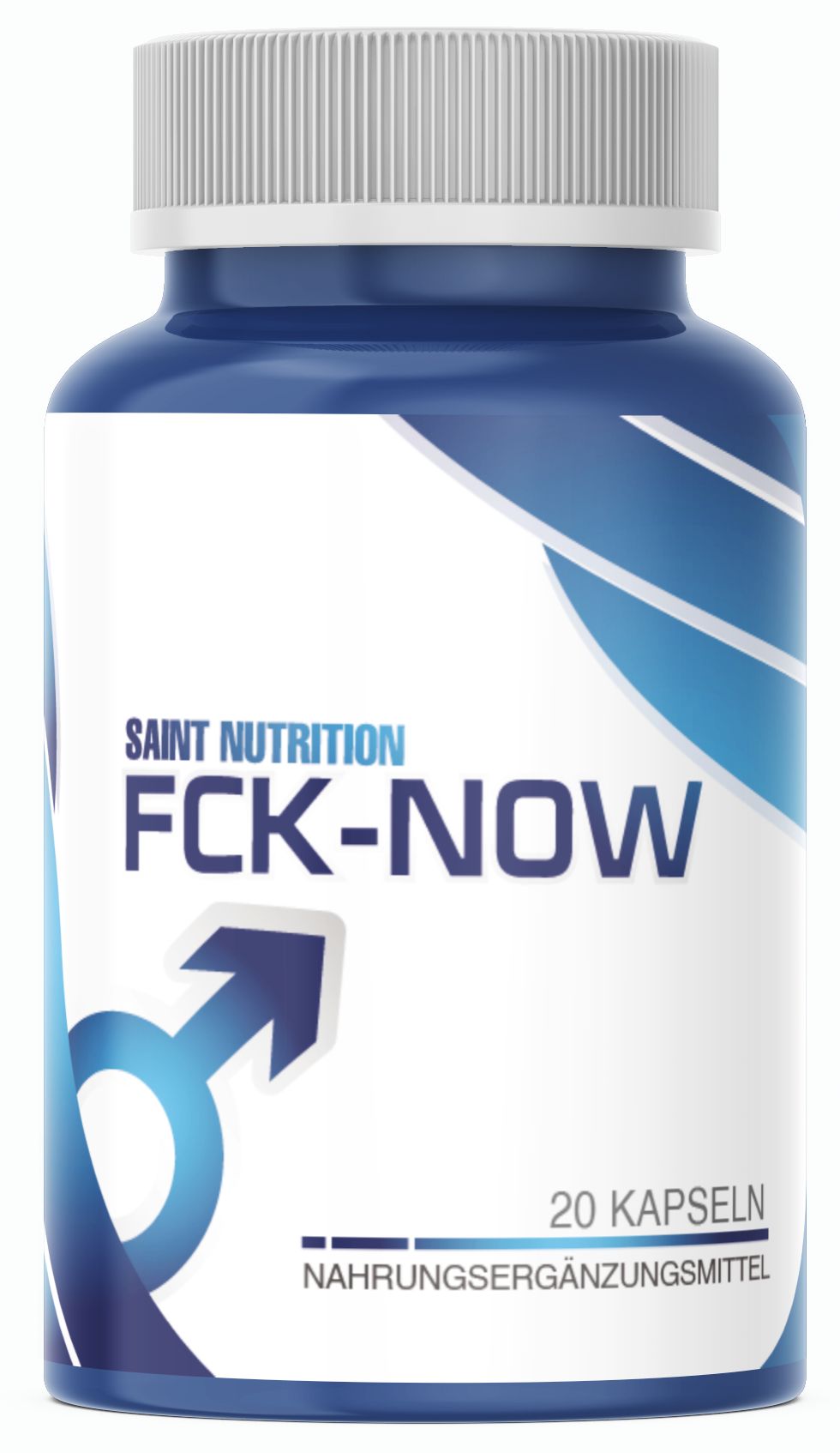 Blaue Flasche mit weißem Deckel. Aufschrift: Saint Nutrition, FCK-NOW, 20 Kapseln. Nahrungsergänzungsmittel. Männliches Symbol.