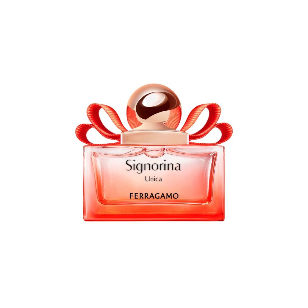 Salvatore Ferragamo Signorina Unica Eau de Parfum Spray Flakon mit roter Schleife.