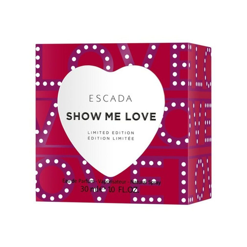 Verpackung von Escada Show Me Love. Rote Schachtel mit weißem Herz.