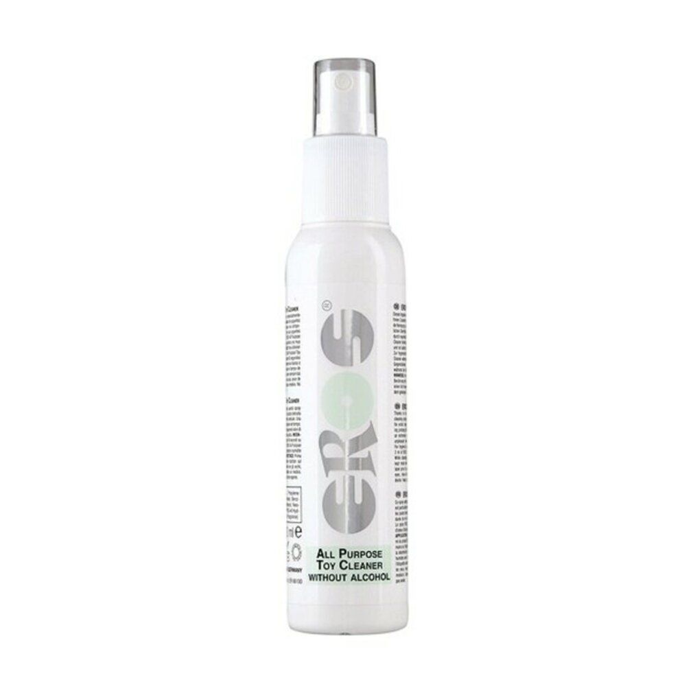 Weiße Sprühflasche mit "EROS"-Logo und Aufschrift "All Purpose Toy Cleaner WITHOUT ALCOHOL".