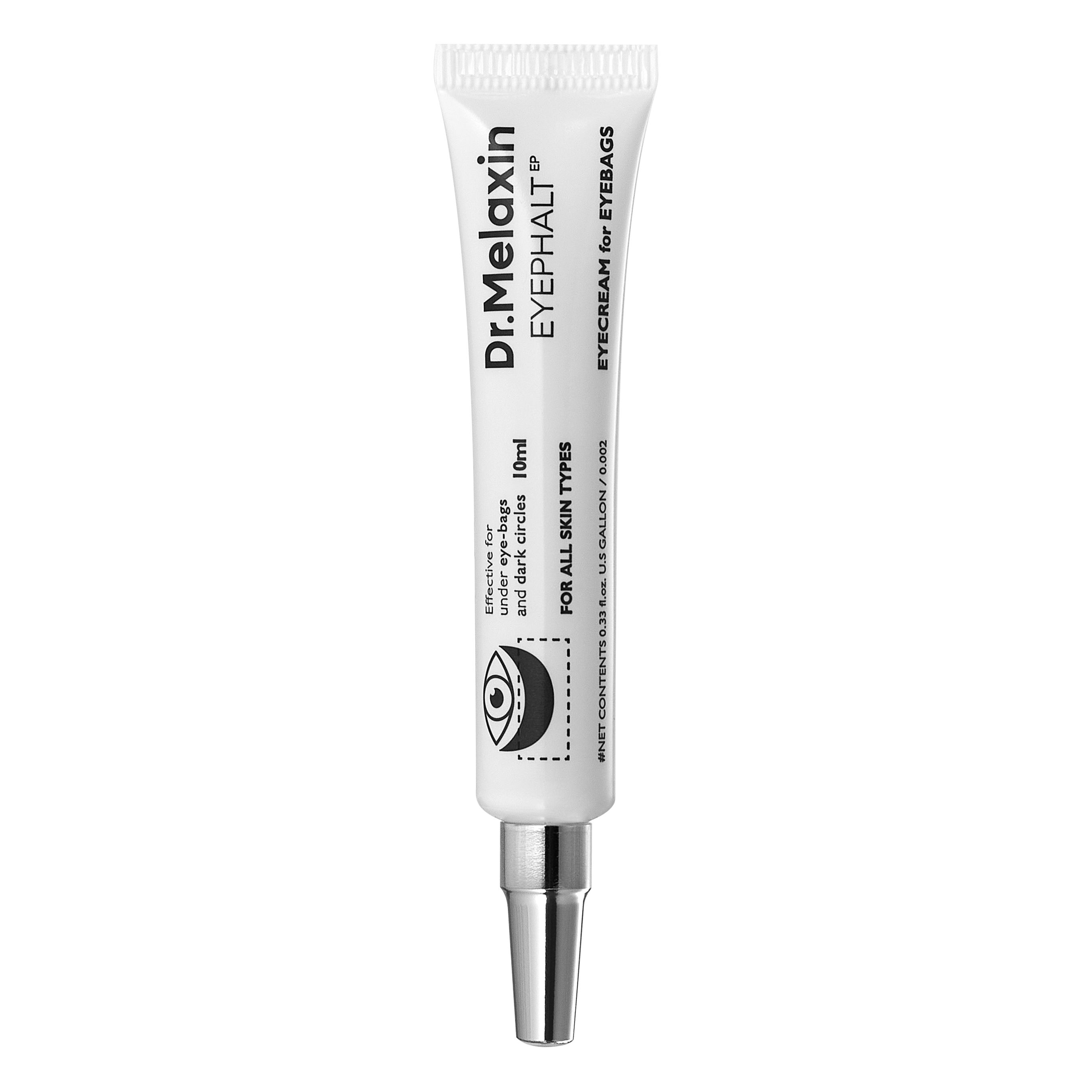 Weiße Tube mit silberner Spitze. Aufschrift: Dr.Melaxin EYEPHALT EYE CREAM for EYEBAGS. 10ml. Für alle Hauttypen.