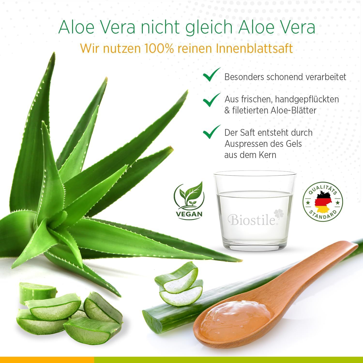 Frische Aloe-vera-Pflanze und aufgeschnittene Aloe-Blätter neben Biostile Aloe Vera Saft