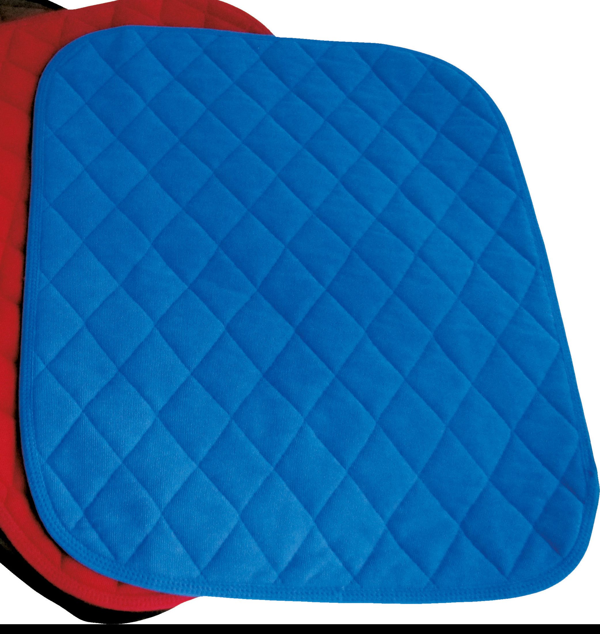 Blaue Inkontinenz-Schutzauflage. Quadratische Form, gesteppte Oberfläche. Rote und braune Auflagen im Hintergrund.