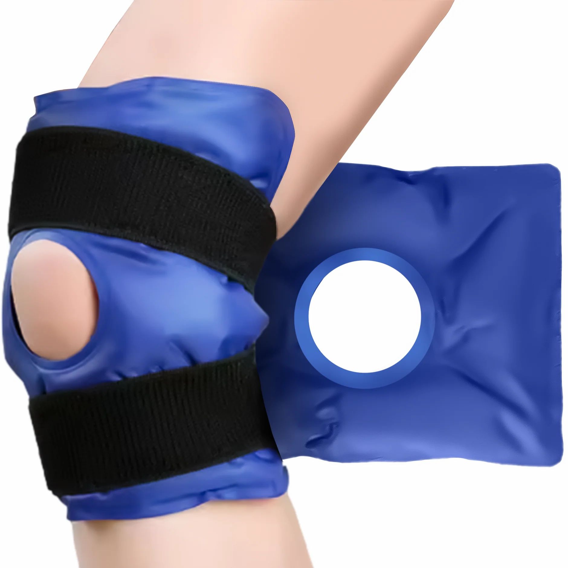 Blaue Kniebandage mit schwarzem Klettverschluss, am Knie befestigt. Gelpack mit Loch. Nebenliegendes Gelpack.