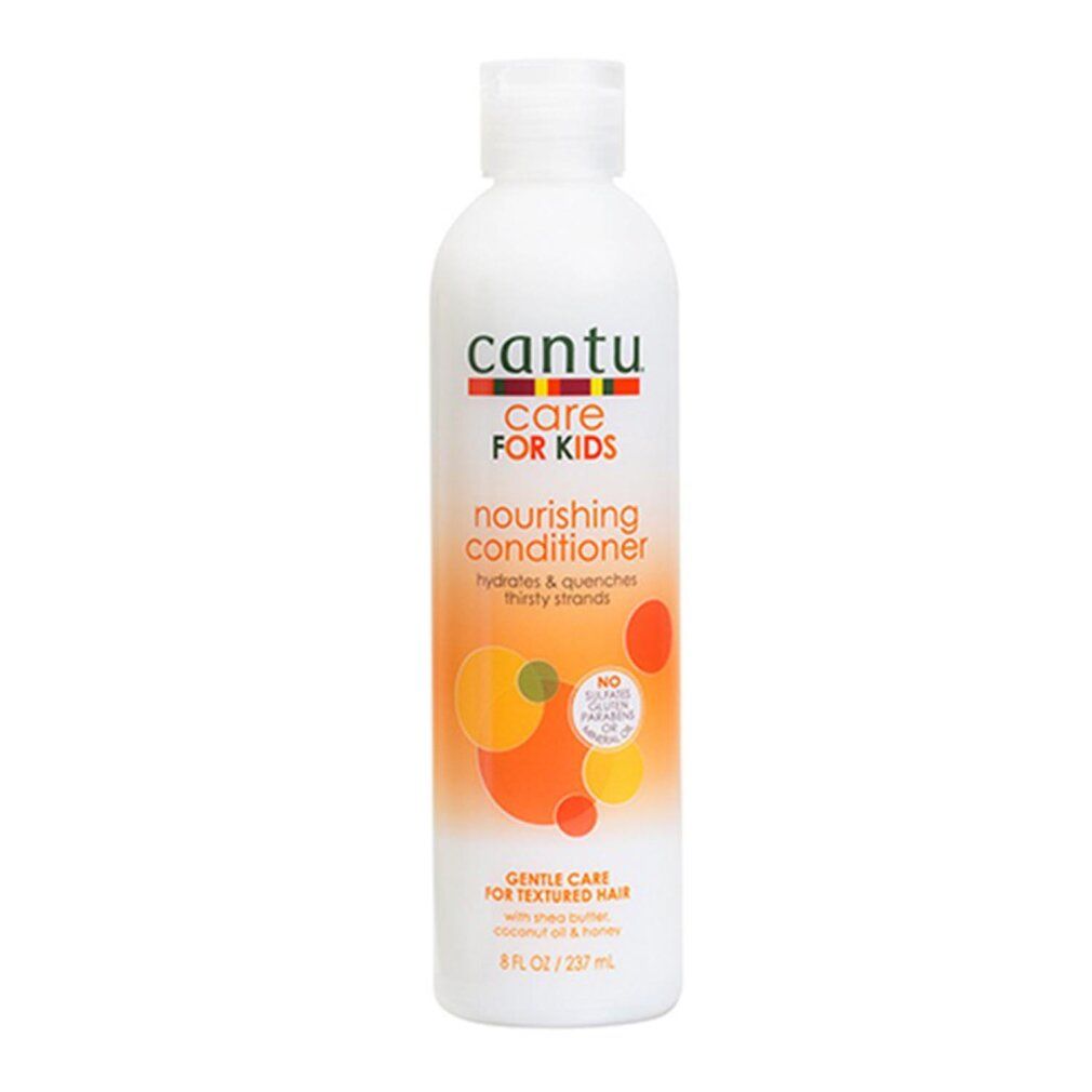 Weiße Flasche Cantu Care for Kids Nourishing Conditioner. Orangefarbene und gelbe Grafik. Text: Gentle Care for Textured Hair.