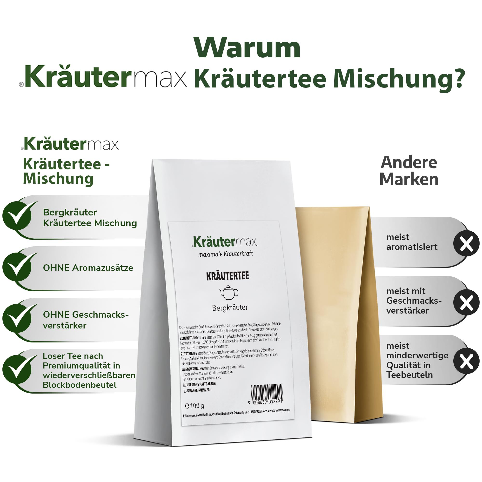 Vergleich Kräutertee-Mischung. Kräutermax-Beutel neben braunem Teebeutel. Text: Ohne Aromazusätze, Geschmacksverstärker.