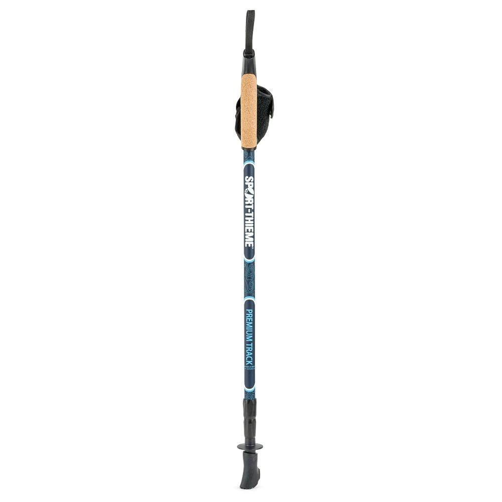 Nordic Walking Stock. Sport-Thieme, Premium Track. Blau-weißes Design. Korkgriff, Handschlaufe. Schwarze Spitze.