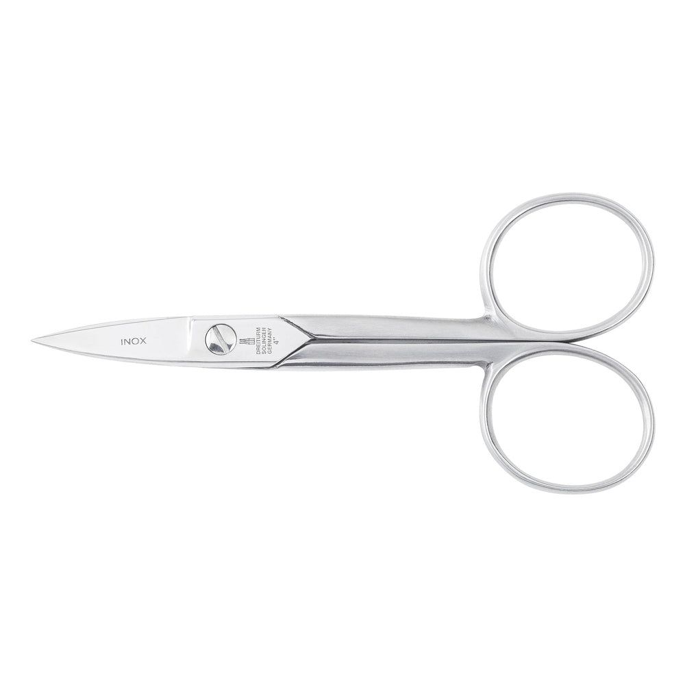 Gerade Edelstahlschere mit spitzer Klinge und zwei Fingerringen. Solingen Qualität.
