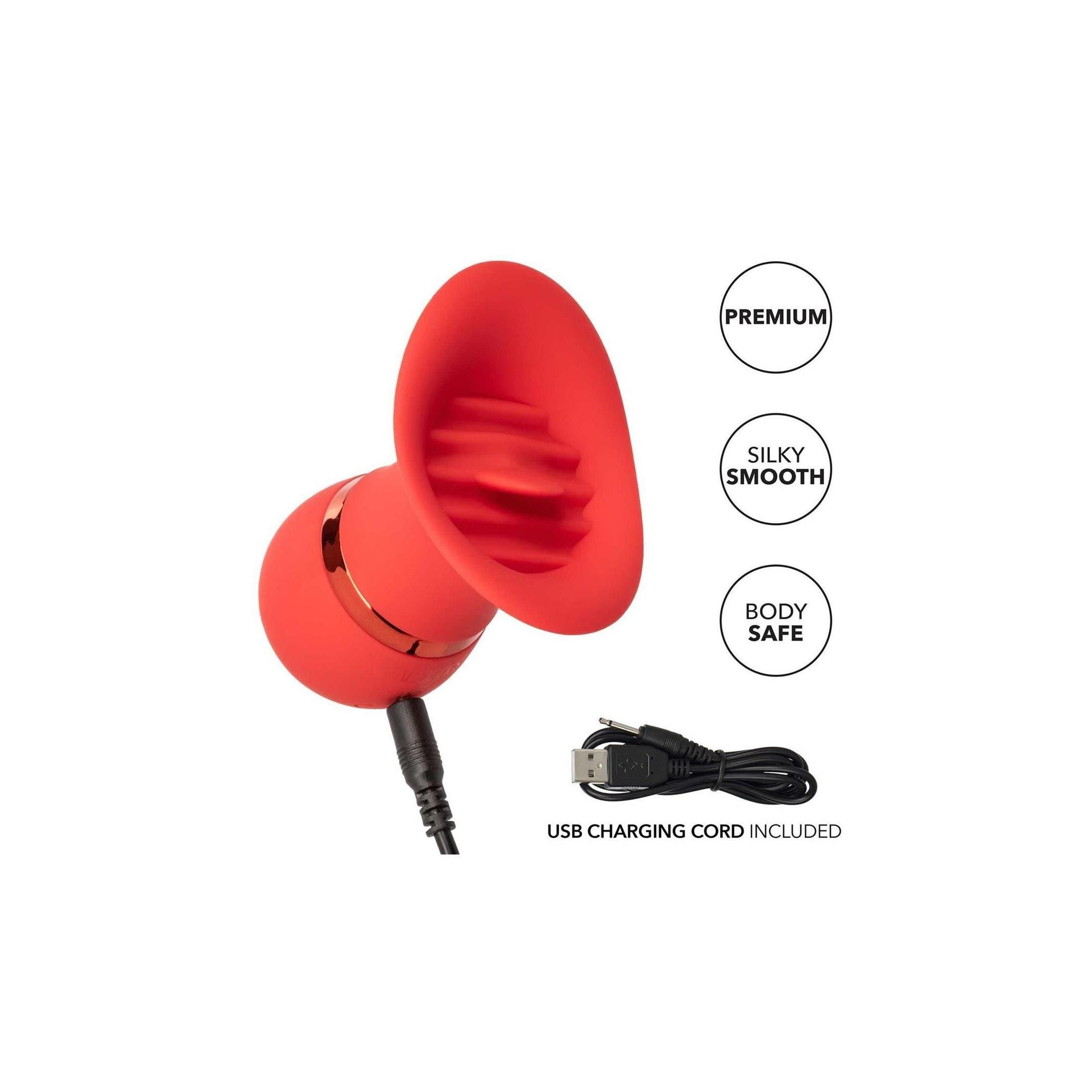 Roter Charmer mit USB-Kabel. Premium, seidig glatt, körperverträglich. USB-Ladekabel enthalten. Goldfarbener Ring.