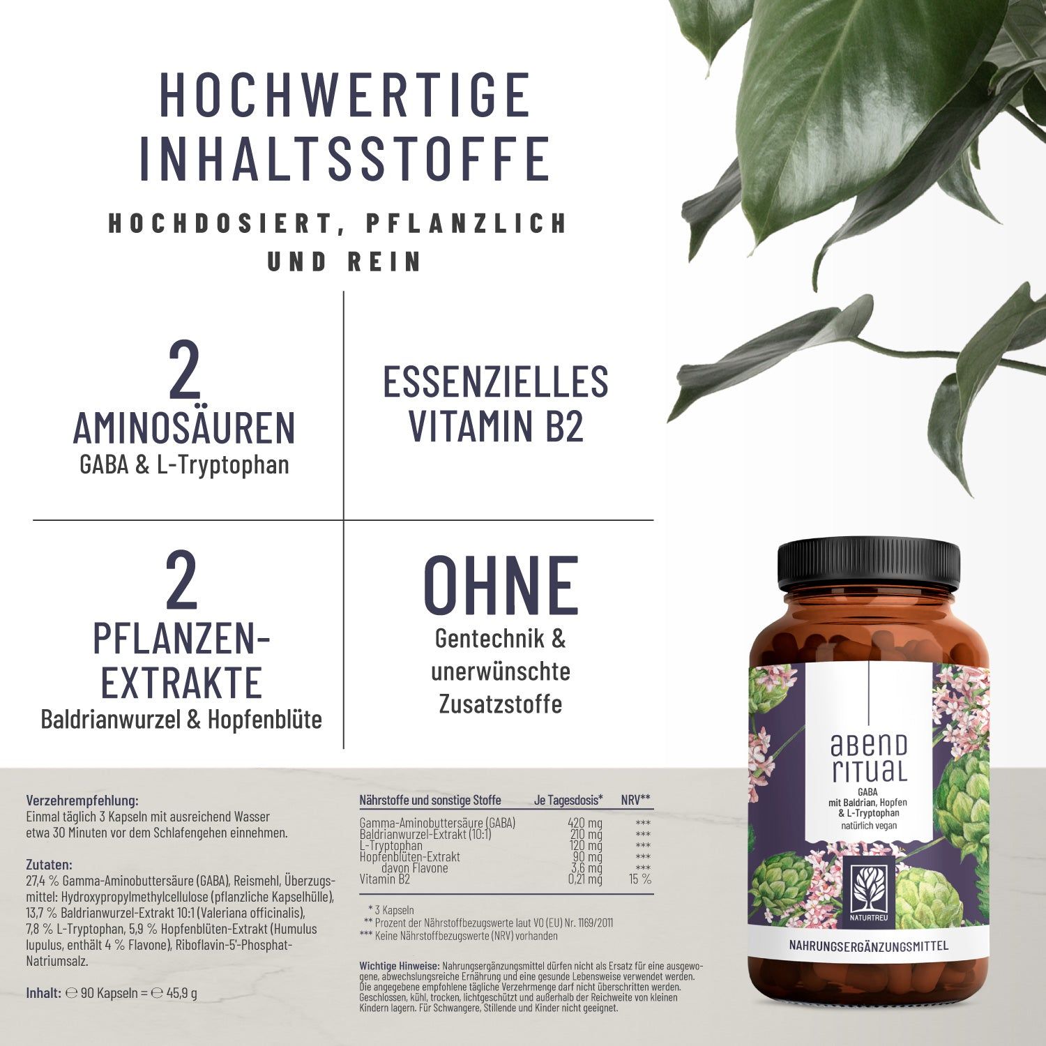 Gaba mit Baldrian, Hopfen & L-Tryptophan - Abendritual Naturtreu® 45,9 g Kapseln