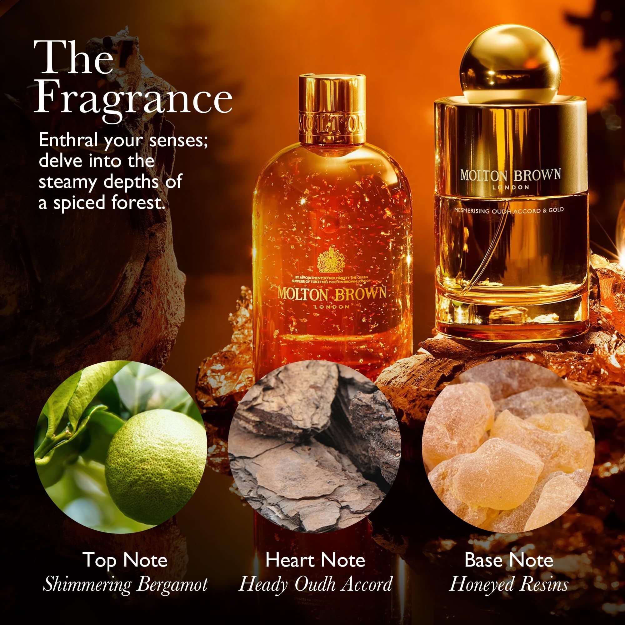 Molton Brown Bade- und Duschgel und Eau de Parfum Flakons mit goldenen Akzenten.