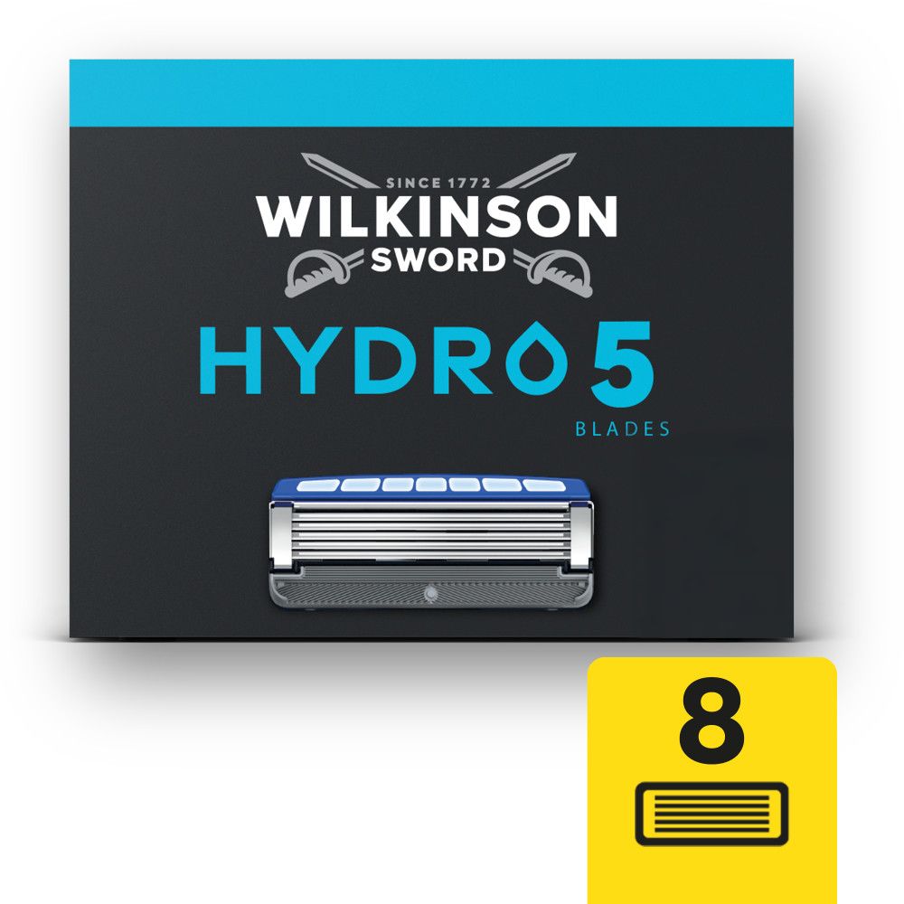Rückseite einer Wilkinson Sword Rasierklingen-Verpackung mit Produktinformationen.