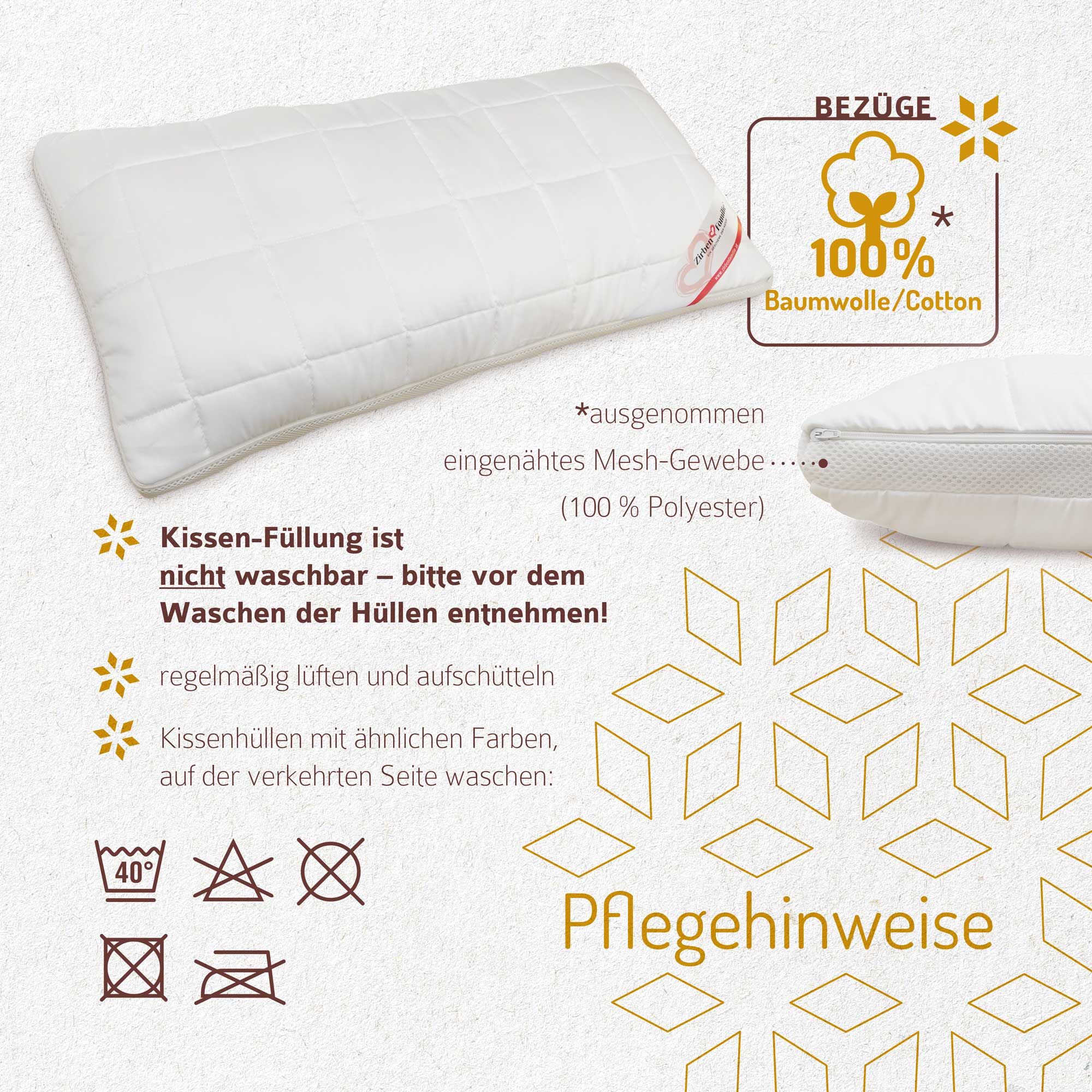 Weißes Kissen mit Steppung. Text: 100% Baumwolle. Pflegehinweise: Waschen bei 40 Grad, nicht bleichen, nicht bügeln.