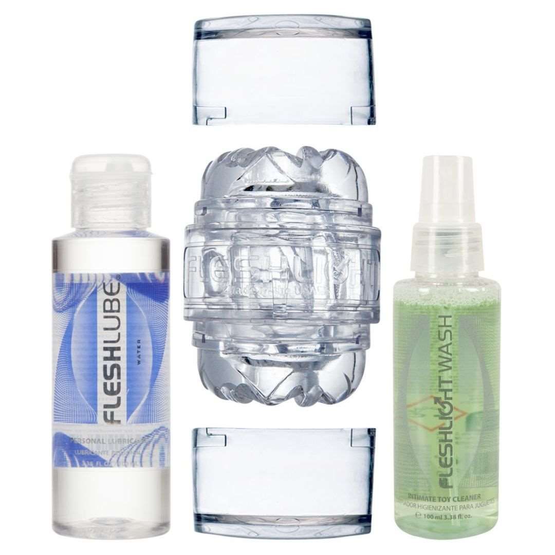 Produkt, Gleitmittel, Reiniger. Aufschrift: FLESHLUBE, FLESHLIGHT WASH. Produkt zerlegt. Keine Verpackung.