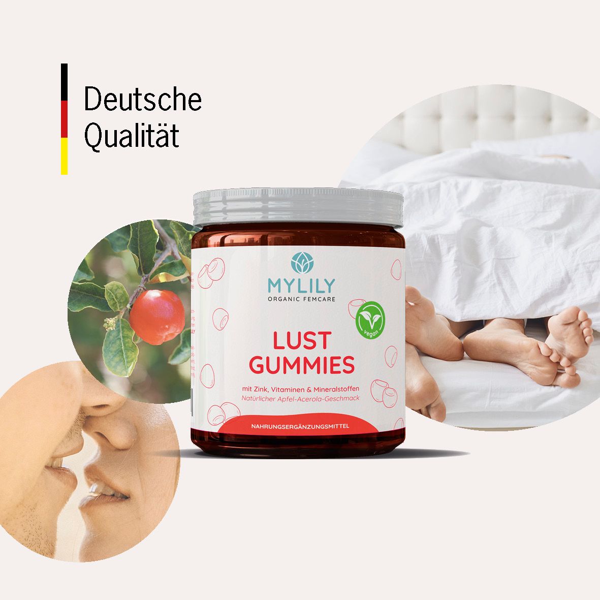 Glas MYLILY Lust Gummies mit deutschem Qualitätslogo. Bilder: Apfel, Kuss, Füße im Bett.